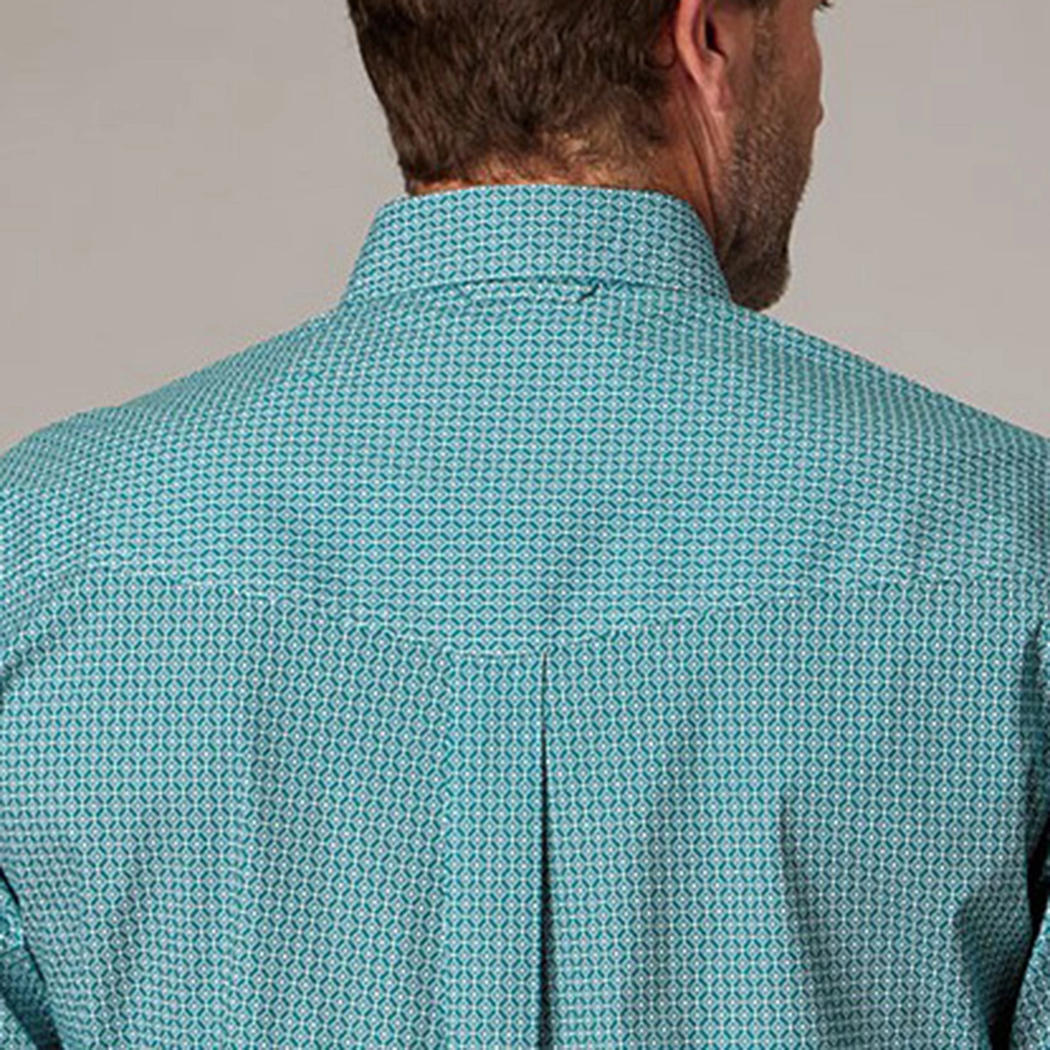 Roper Men's Teal Geo Print Long Sleeve Chambray Fabric Polo Style