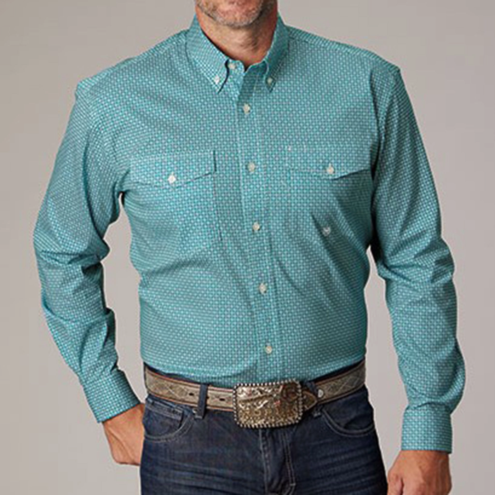 Roper Men's Teal Geo Print Long Sleeve Moisture Management Tech Trendy Layer
