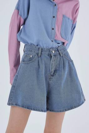 Zoe Pintucked Denim Shorts Work Ready Lightweight Textured