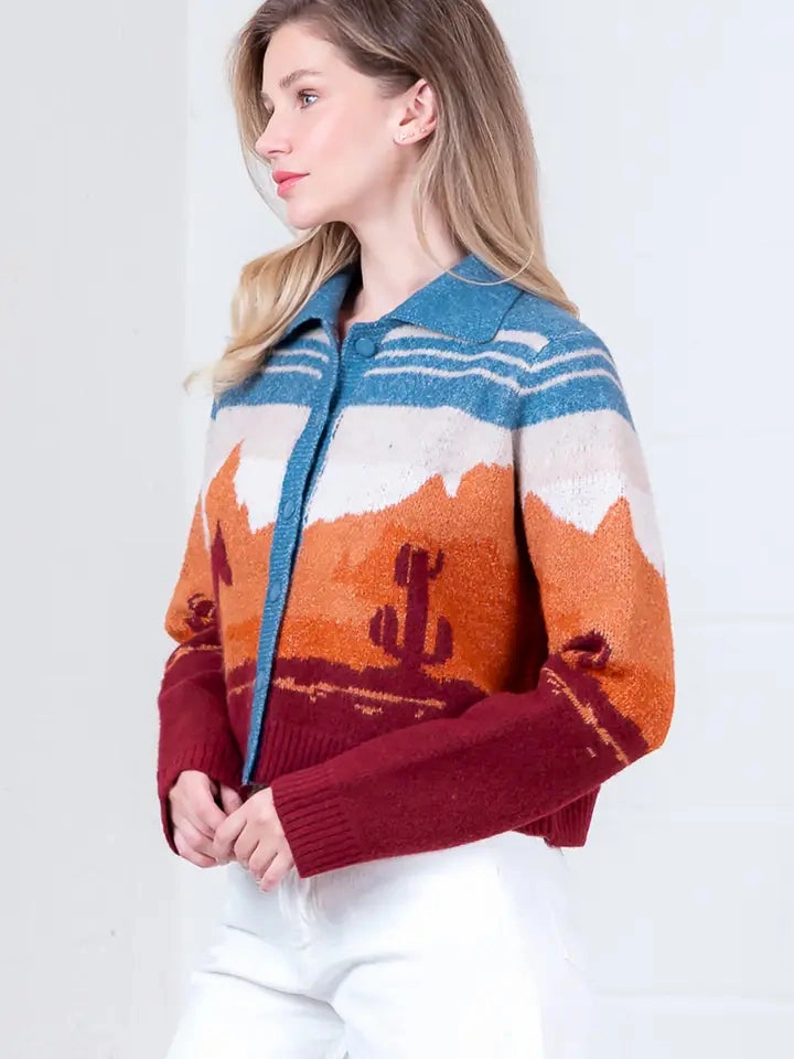 Multi Directional Zipper Placement Western Cardigan- Blue Multi