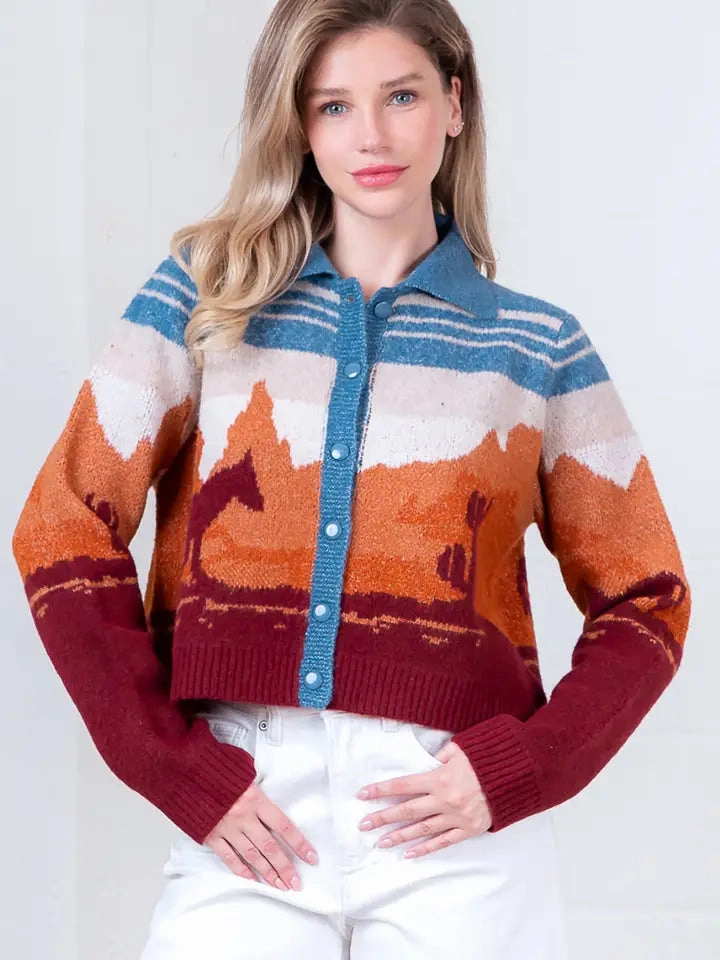 Distressed Texture Western Cardigan- Blue Multi