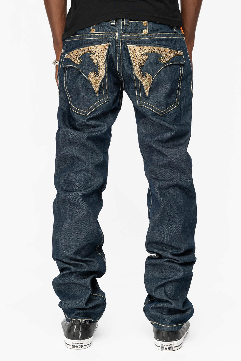 WESTERN RODEO DESIGN LEATHER  FLAPS JEAN WITH EMBELLISHMENTS IN RINSE WASH Chill Attire