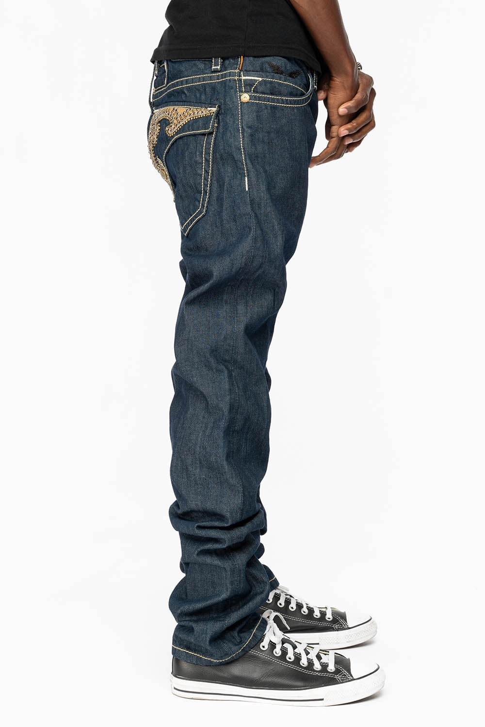 Bold Look Professional Wear Unisex Attire WESTERN RODEO DESIGN LEATHER  FLAPS JEAN WITH EMBELLISHMENTS IN RINSE WASH