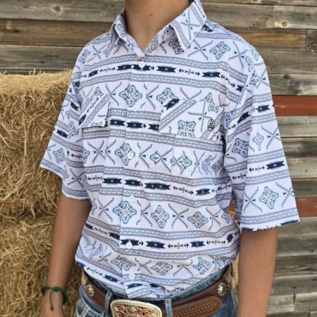 Comfy Look Ergonomic Sleeve Cut White and Teal Aztec Short Sleeve Shirt