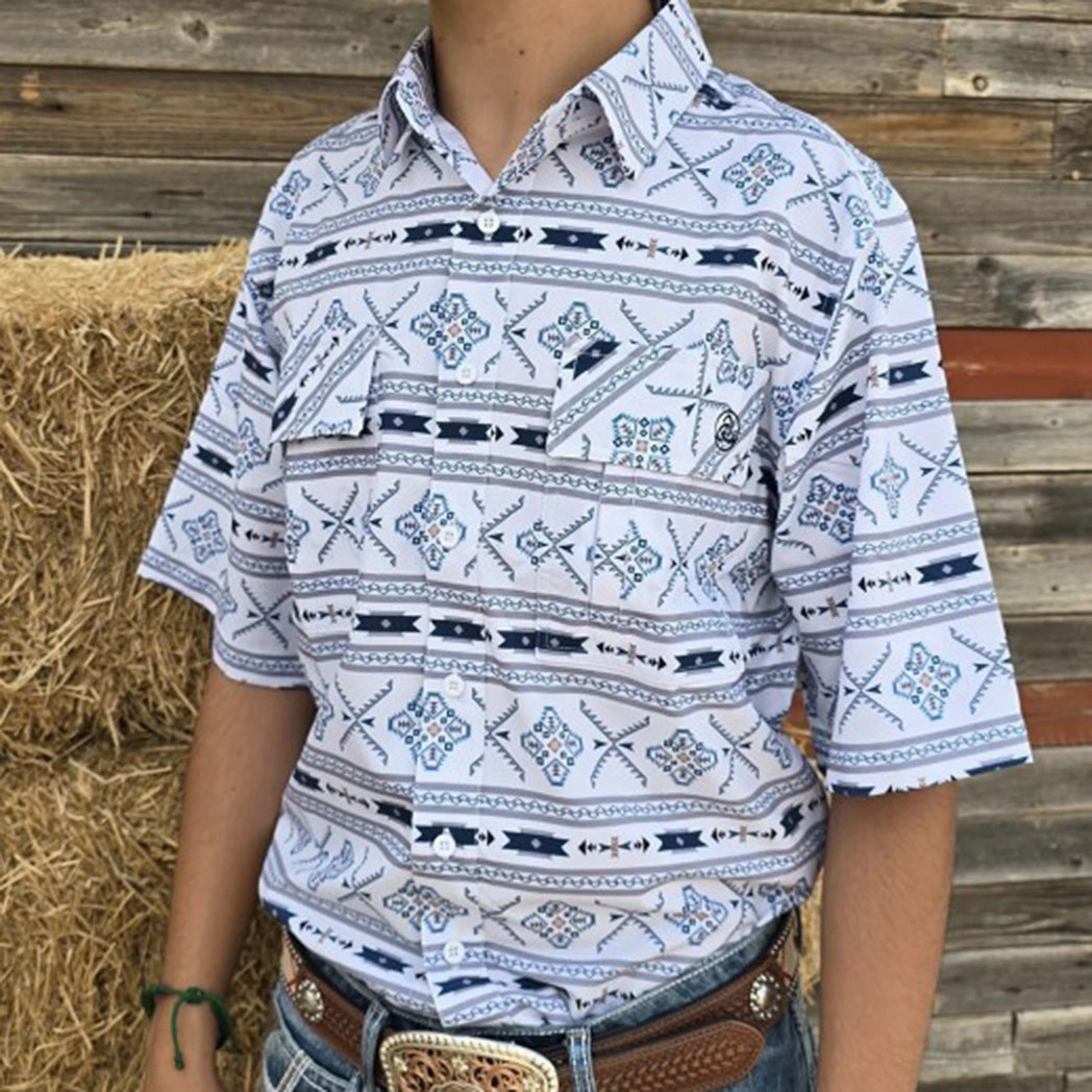 White and Teal Aztec Short Sleeve Shirt Button-up Sustainable Weave