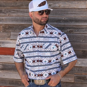 White, Brown and Turquoise Aztec Short Sleeve Shirt Nautical Look