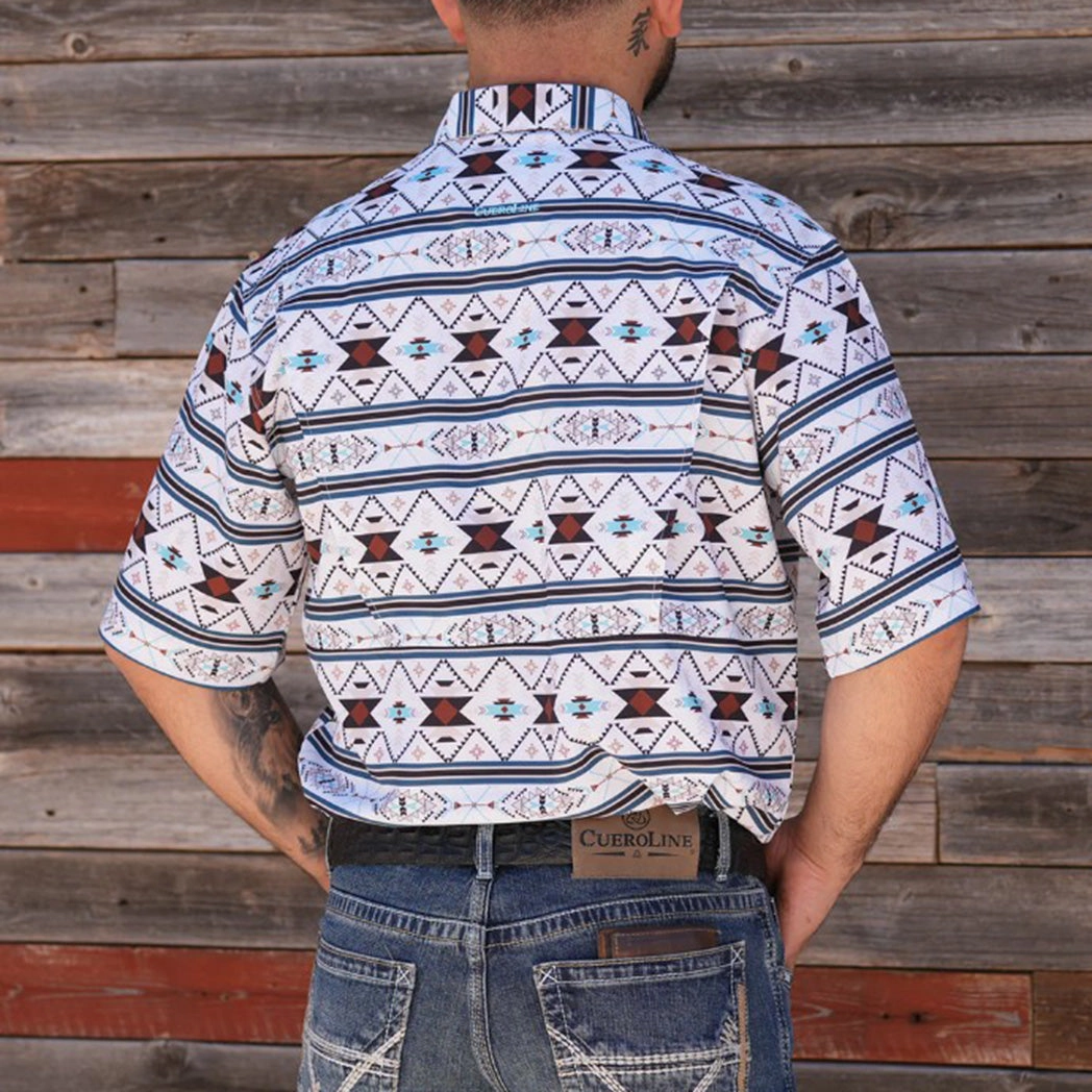 Fashionable Look White, Brown and Turquoise Aztec Short Sleeve Shirt