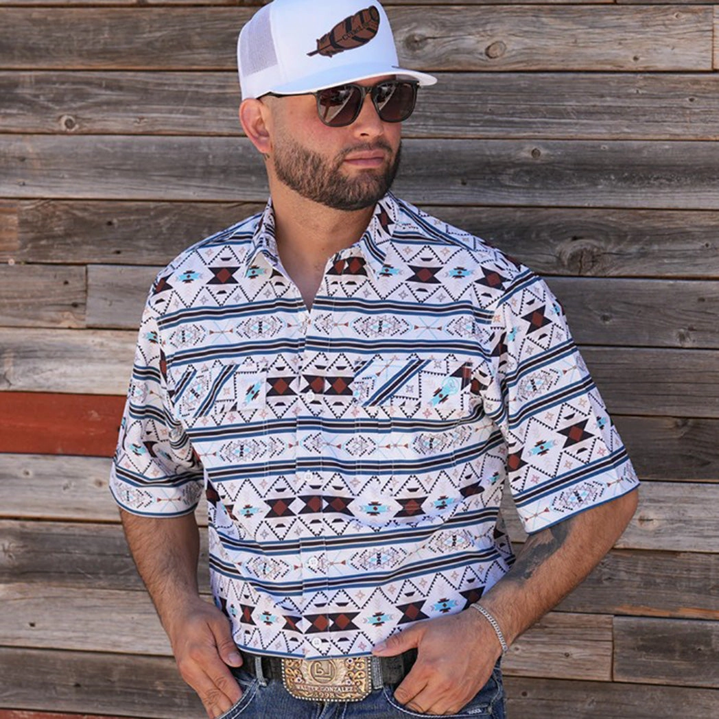 Multipurpose Layering Fabric White, Brown and Turquoise Aztec Short Sleeve Shirt