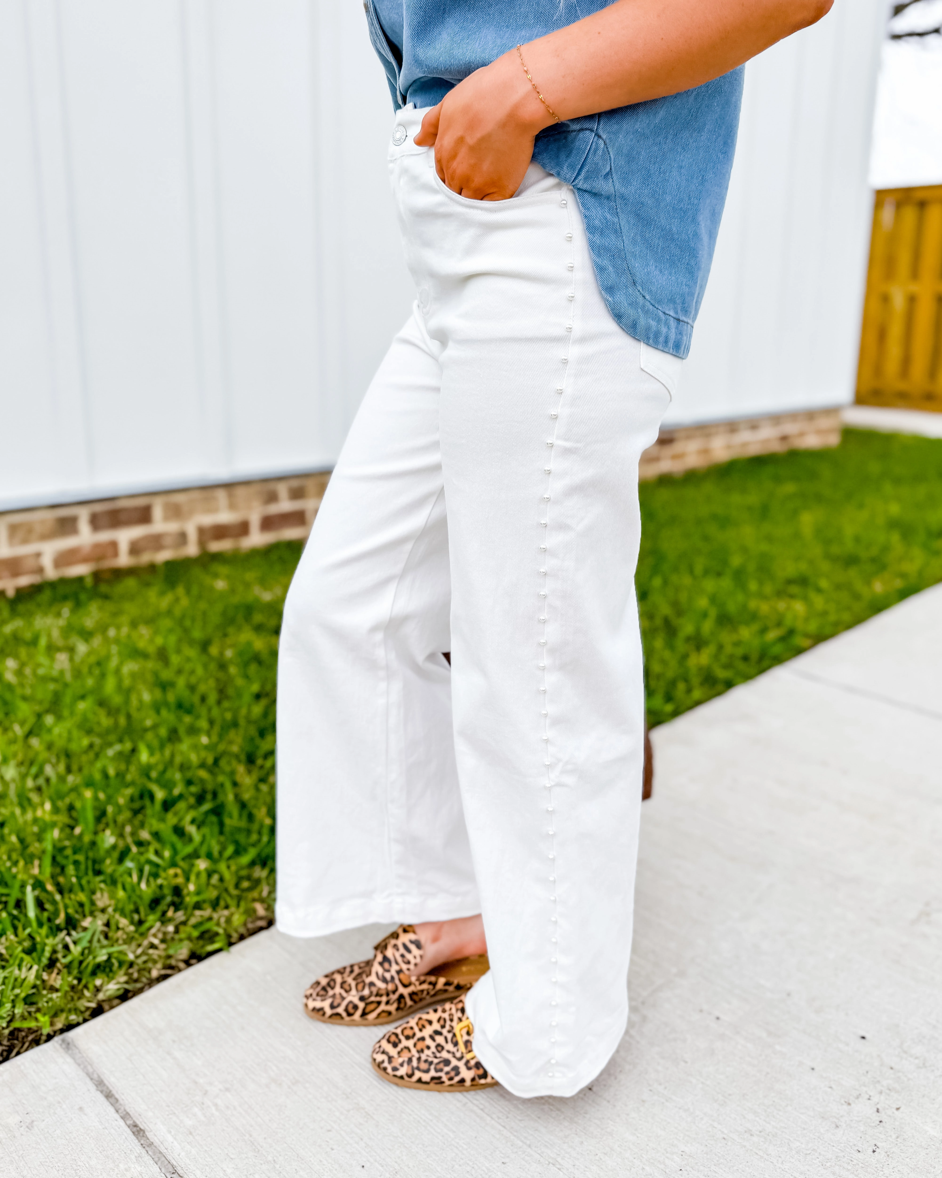 White High Waisted Wide Leg Denim With Pearl Details Ventilated Panels