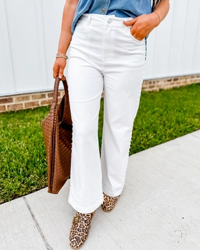 White High Waisted Wide Leg Denim With Pearl Details Multi Pocket Configuration