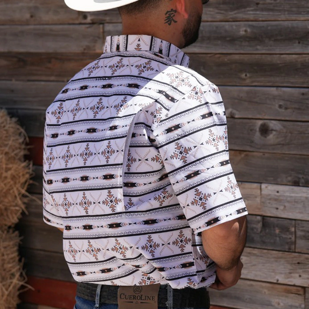 White, Tan and Black Aztec Short Sleeve Shirt Smart Layering