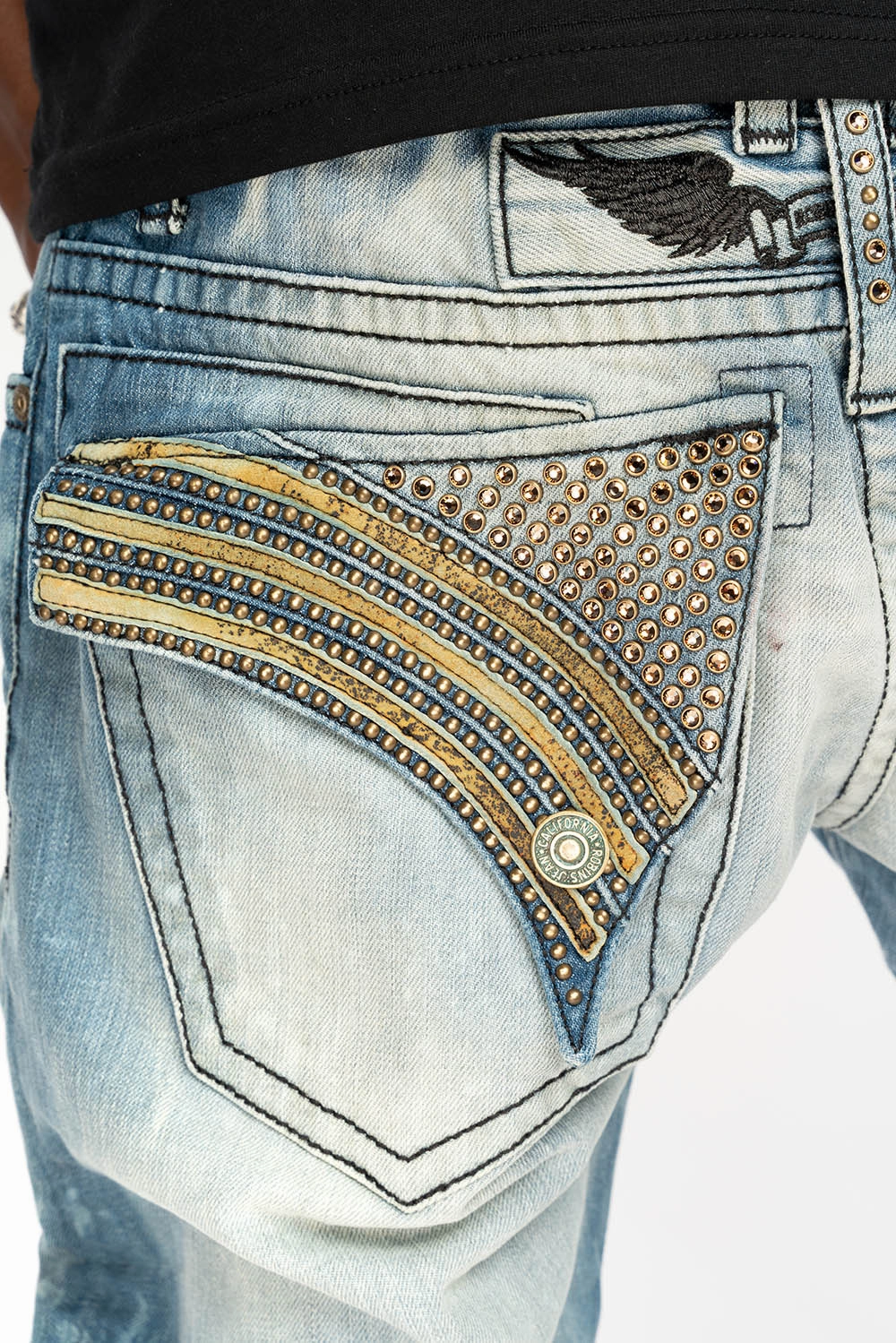 LONG FLAP STRAIGHT JEANS IN AQUARAMA WASH WITH TAN LEATHER INSERTS EMBELLISHED WITH CRYSTALS Softened Denim Material Neutral Style