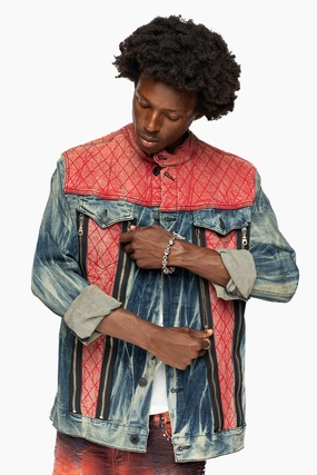 ROBIN??S DENIM JACKET WITH ZIPPER AND RED PADDED INSERT City Ready Wear Durable Water Repellent Finish