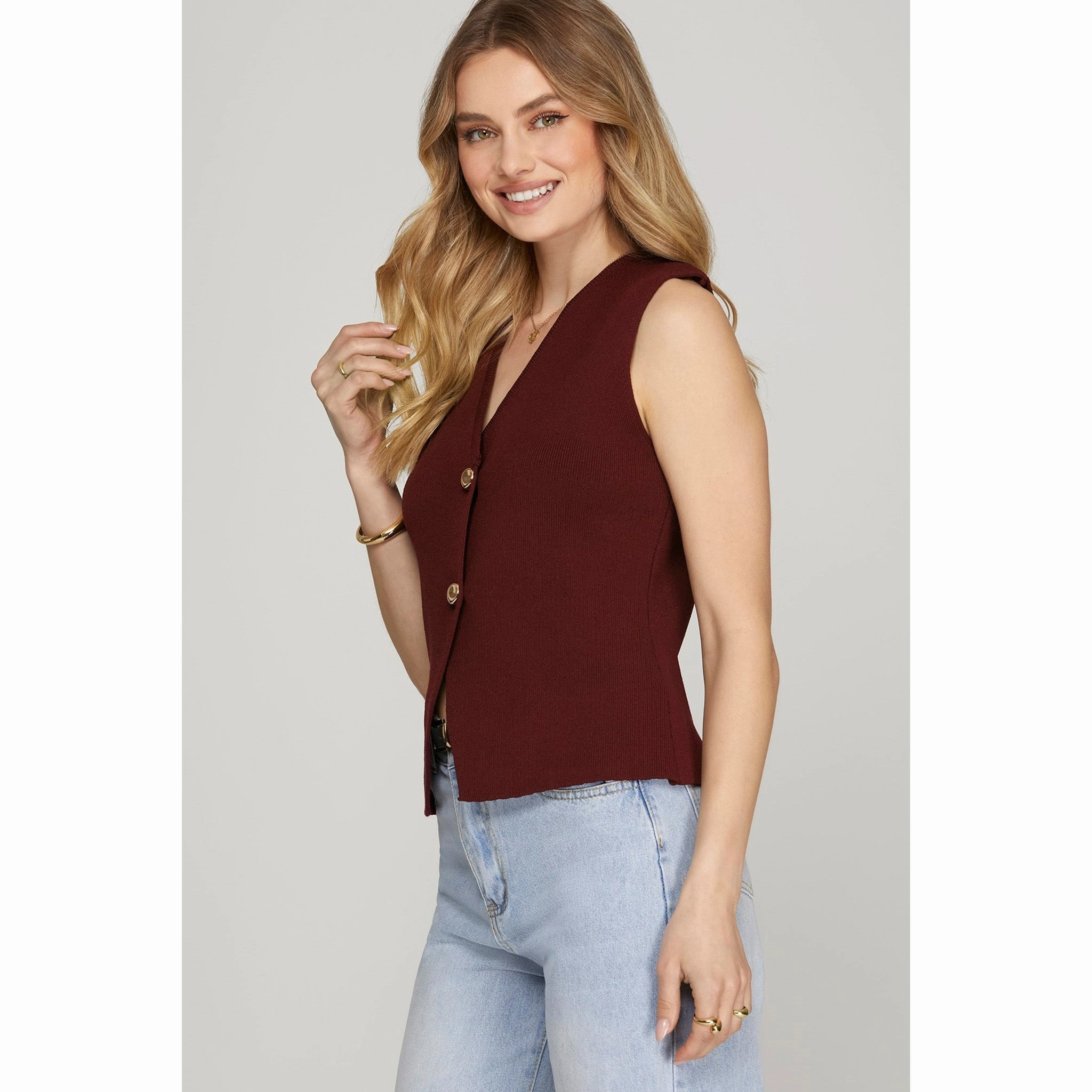 Outdoor Adventure Wine Gold Button Sweater Vest