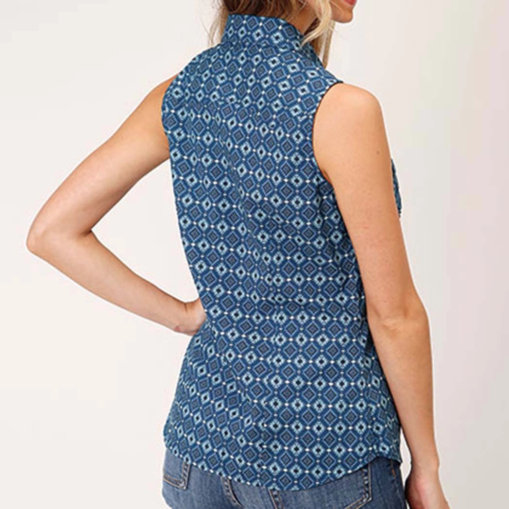 Loose Blouse AdjustableNeckline Woman's Blue Mini Aztec Sleeveless Shirt