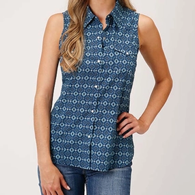 Woman's Blue Mini Aztec Sleeveless Shirt CrossBackDesign