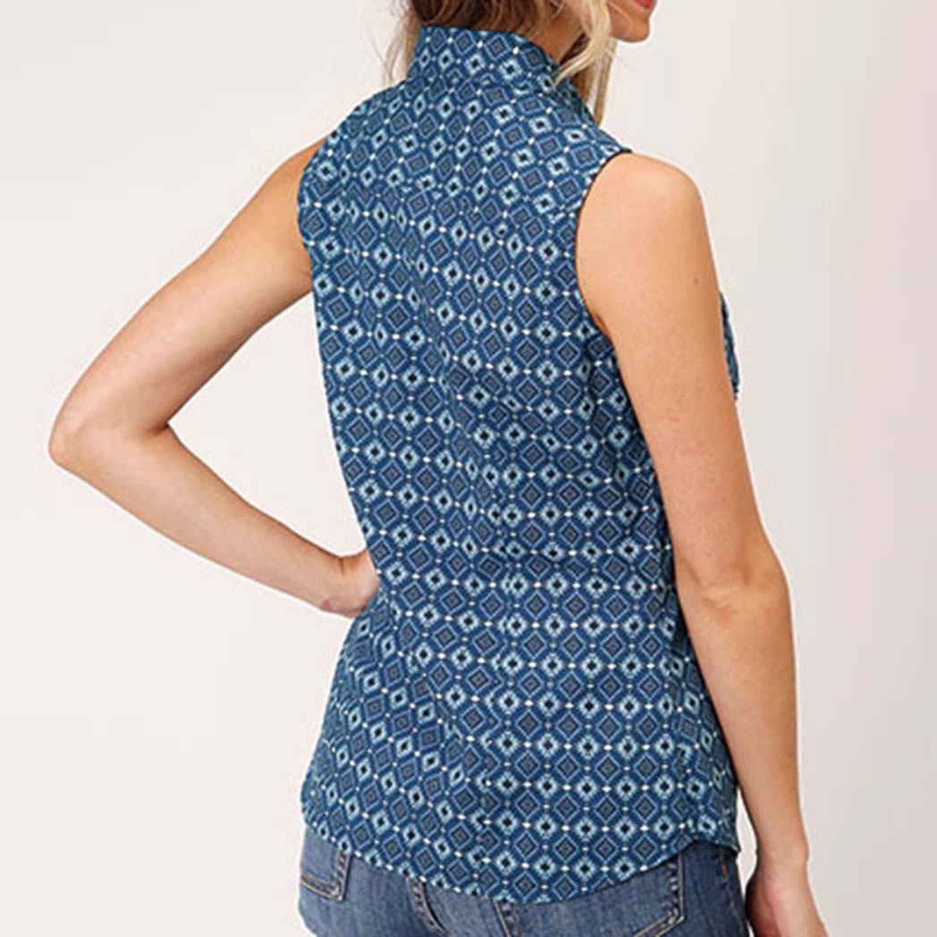 Woman's Blue Mini Aztec Sleeveless Shirt DoubleStitched Hemming Ribbed Hem Finish