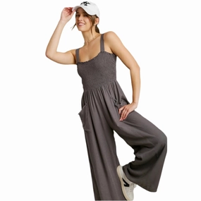 Women's Ash Color Smocked Tank Jumpsuit Office Look