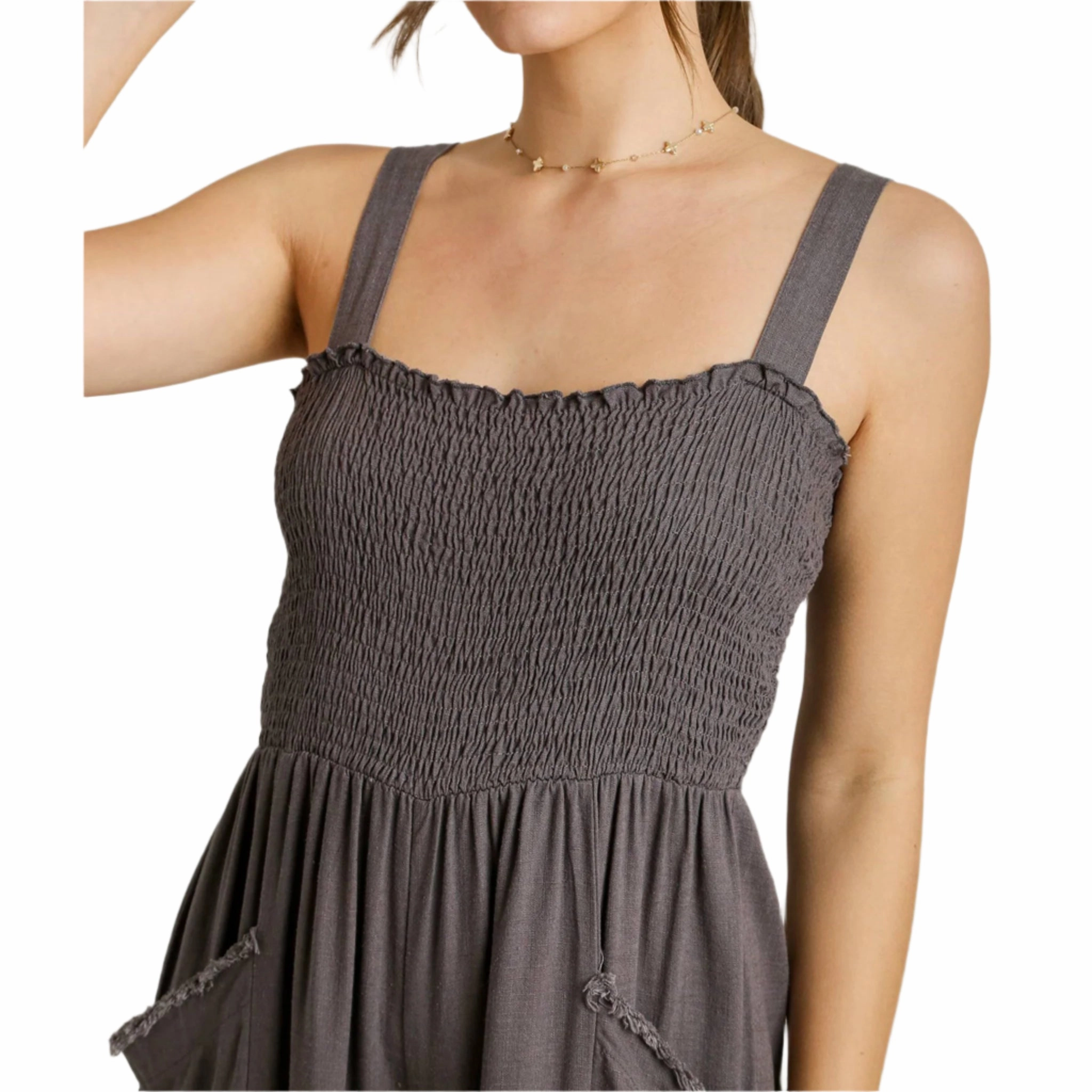 Women's Ash Color Smocked Tank Jumpsuit Softened Edges StretchMaterial