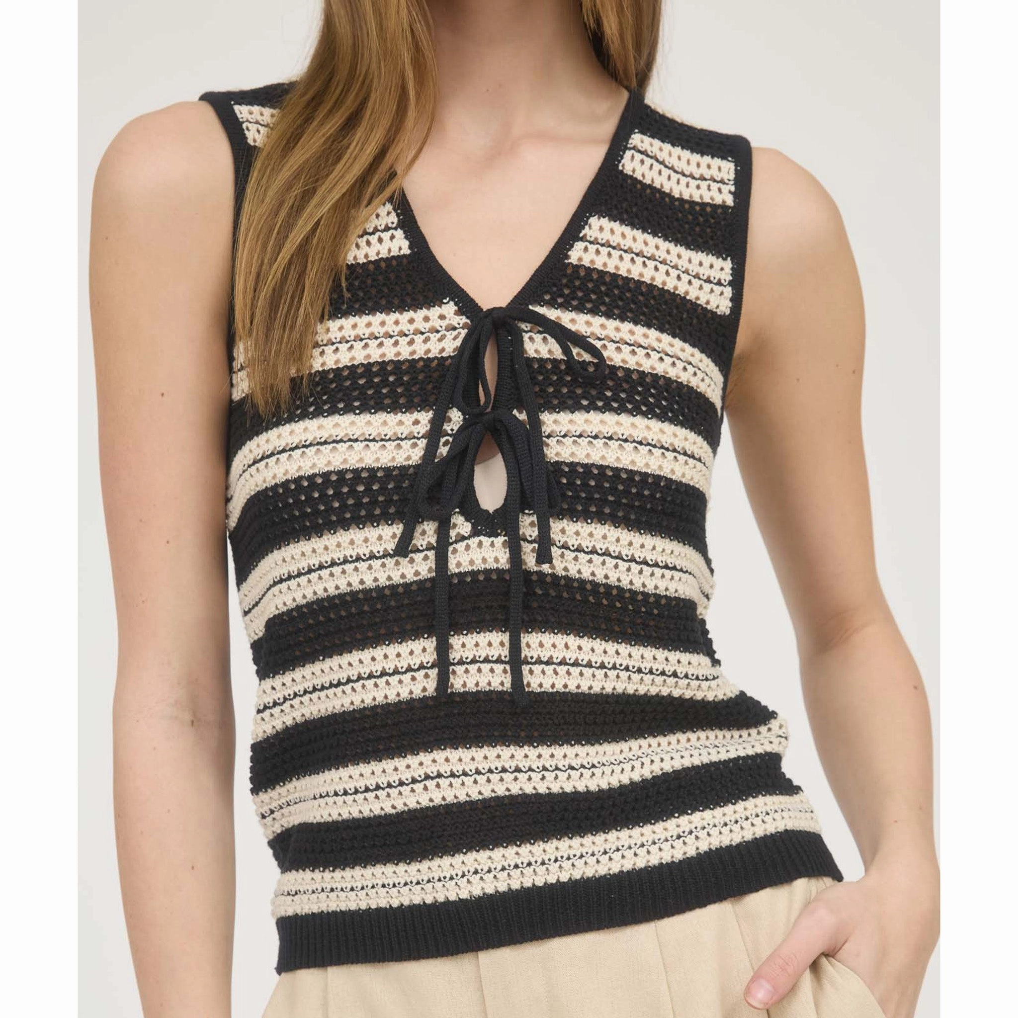 Women's Black & Natural Striped Sweater Tank CroppedLength