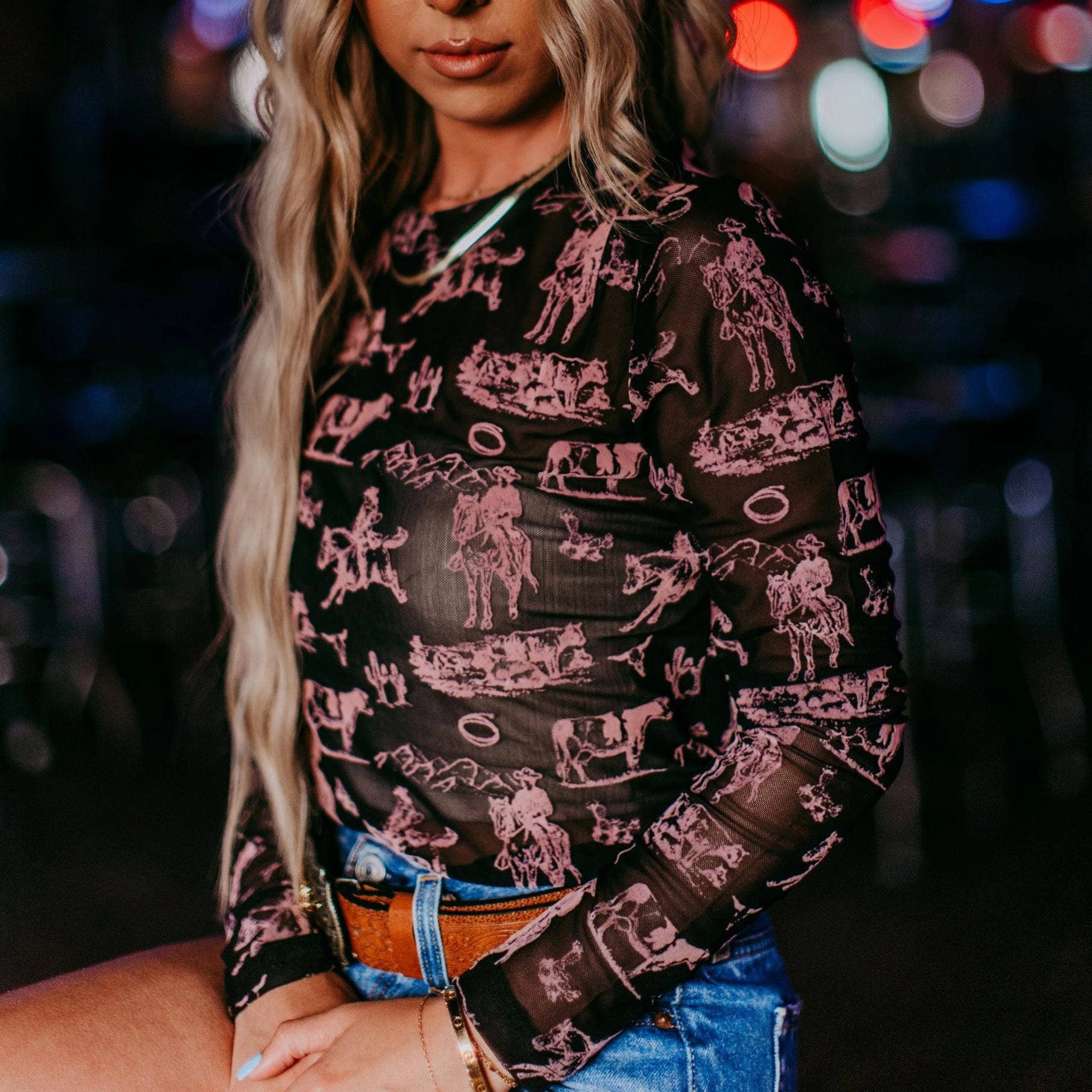 Women's Black & Pink Western Scene Mesh Shirt Tagless Comfort Eco Friendly Dye Process