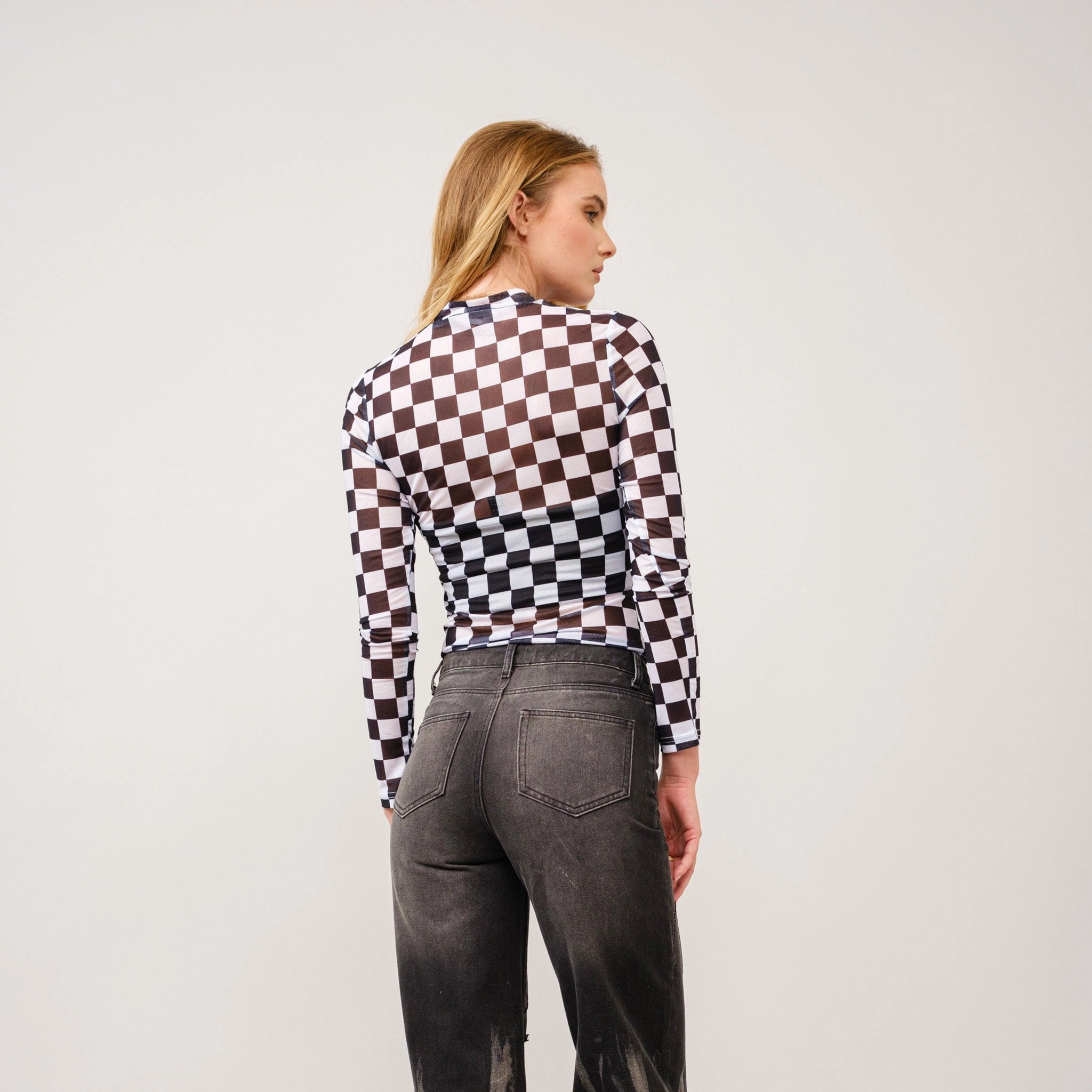 Women's Black & White Checked Mesh Top Low Profile Stitching