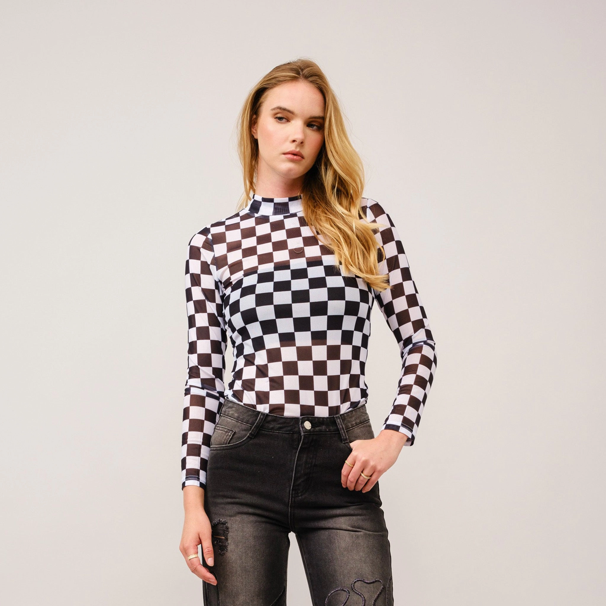 Convertible Style Women's Black & White Checked Mesh Top