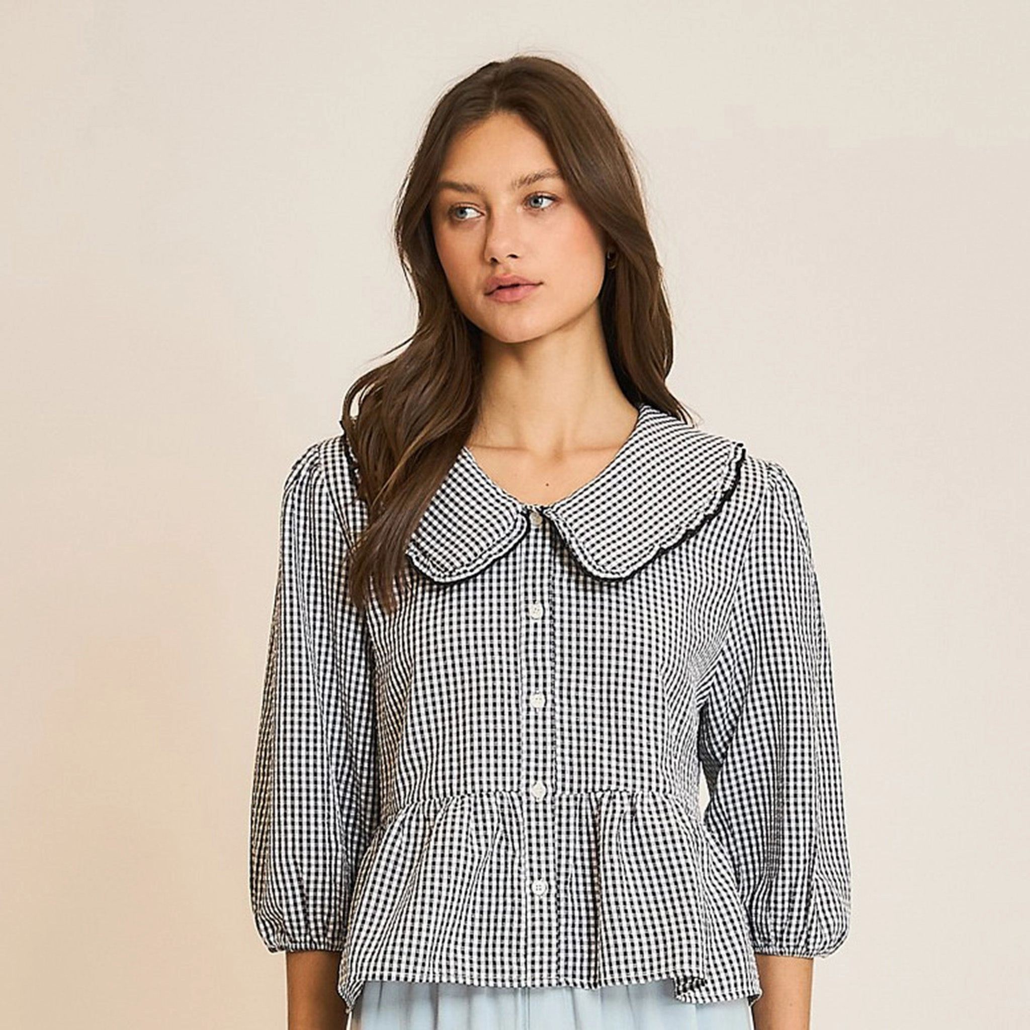 Flattering Drape FeatherlightConstruction Women's Black & White Checked Peter Pan Collar Babydoll Shirt