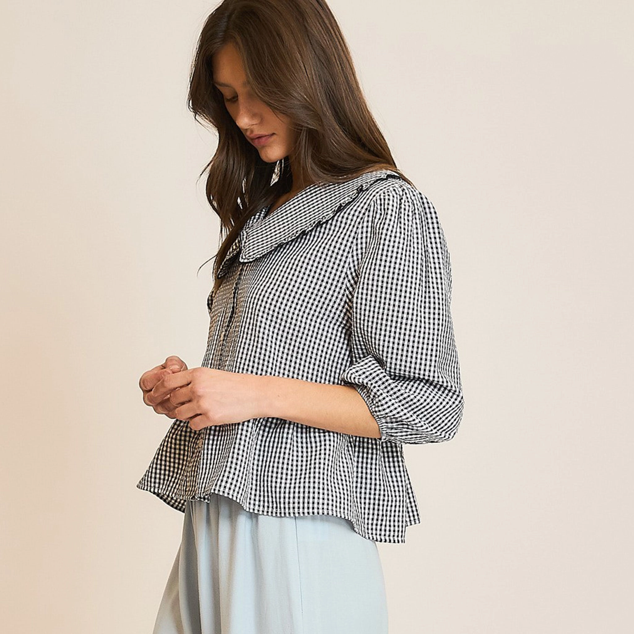 Women's Black & White Checked Peter Pan Collar Babydoll Shirt Airflow Mesh Panel Contrast Stitch Detailing