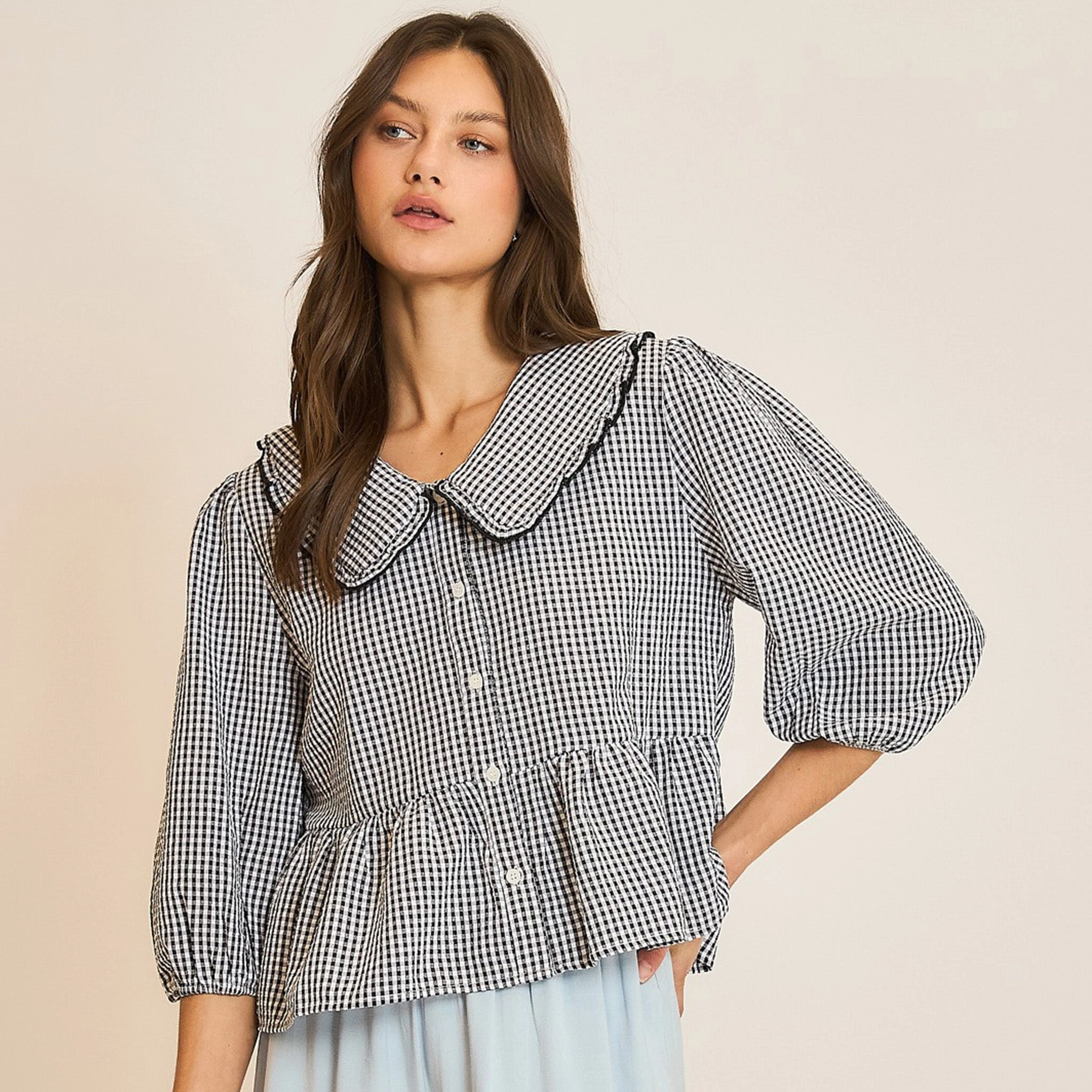 Women's Black & White Checked Peter Pan Collar Babydoll Shirt Long Sleeve Tee