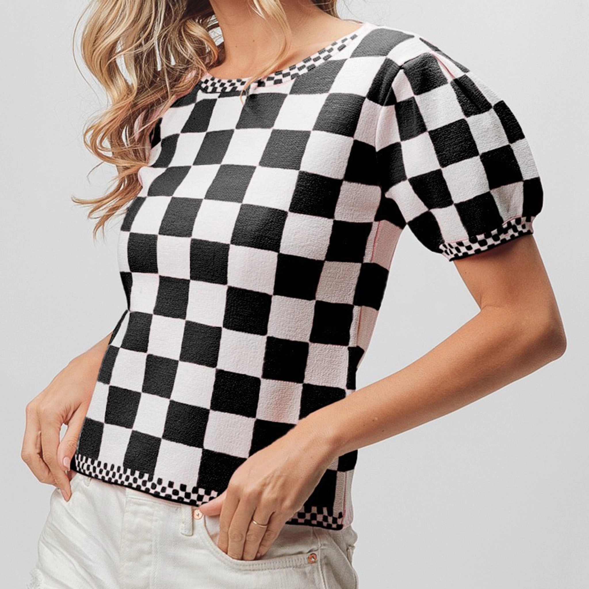 RaglanSleeve Women's Black & White Checked Puff Sleeve Shirt