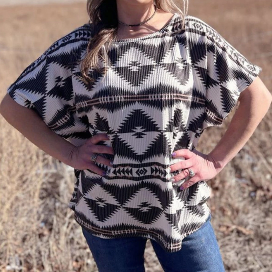 Women's Black & White Large Aztec Pattern Ribbed Short Sleeve Interlock Weave