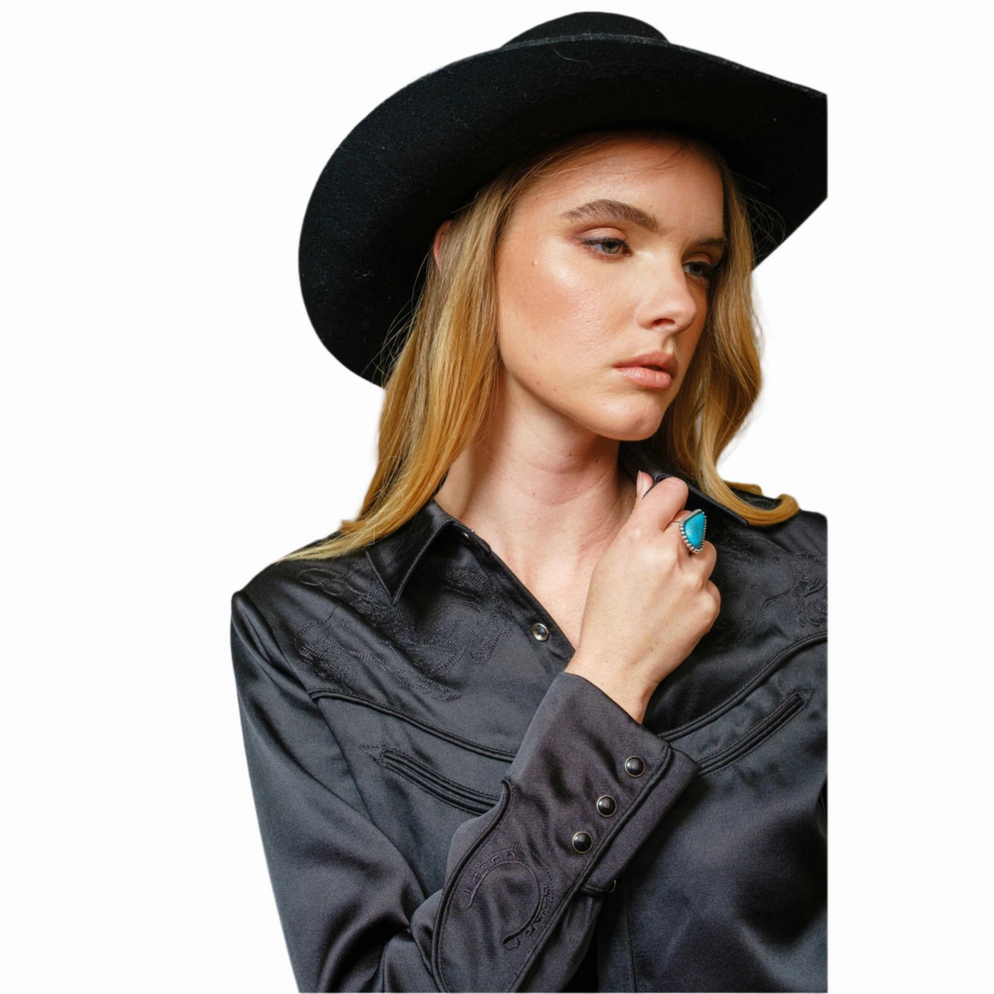 Women's Black Satin Western Embroidered Snap Shirt Wrinkle Resistant Treatment Relaxed Fit Shirt
