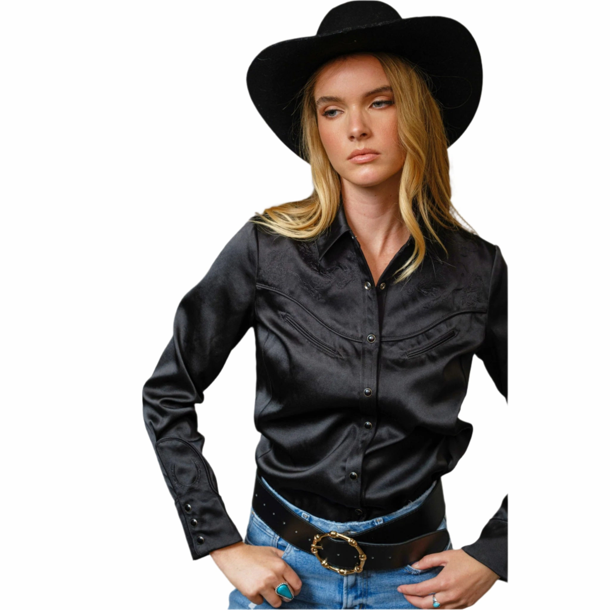Stretch Fit Bonded Seam Durability Women's Black Satin Western Embroidered Snap Shirt