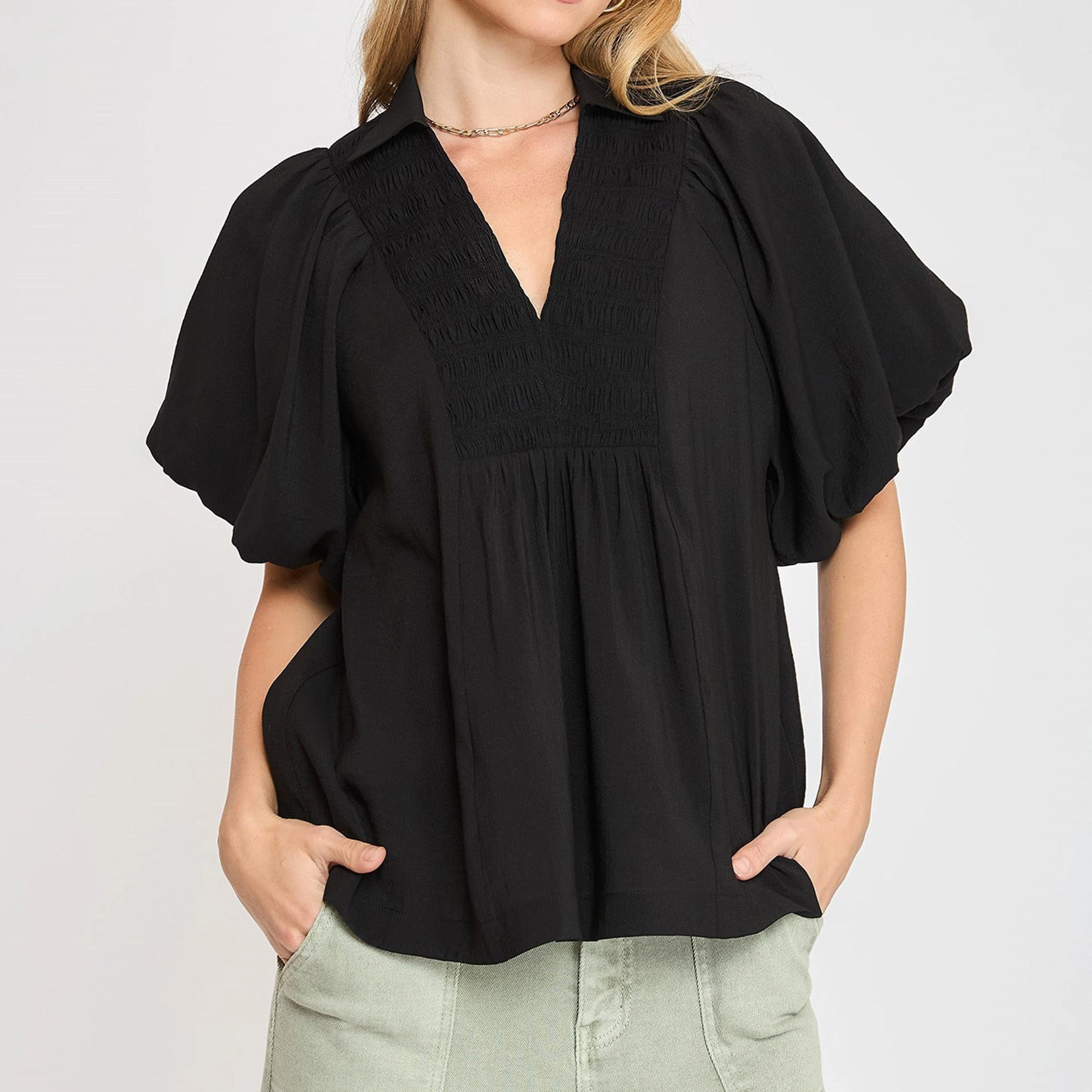 Cozy Knit Women's Black Smocked Front Yoke With Puff Sleeves Top