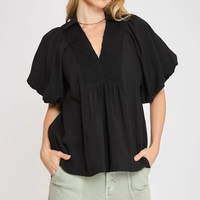 Women's Black Smocked Front Yoke With Puff Sleeves Top NonChafeCollarTech