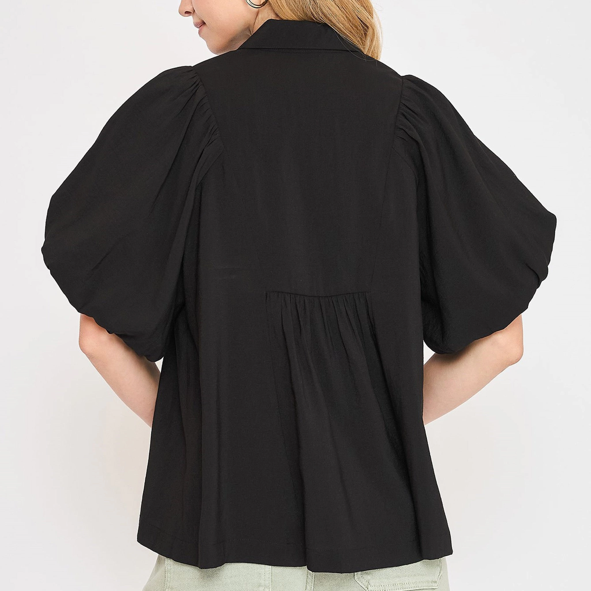 VentilatedMeshPaneling Women's Black Smocked Front Yoke With Puff Sleeves Top
