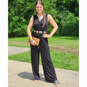 Women's Black V Jumpsuit Lightweight Fabric