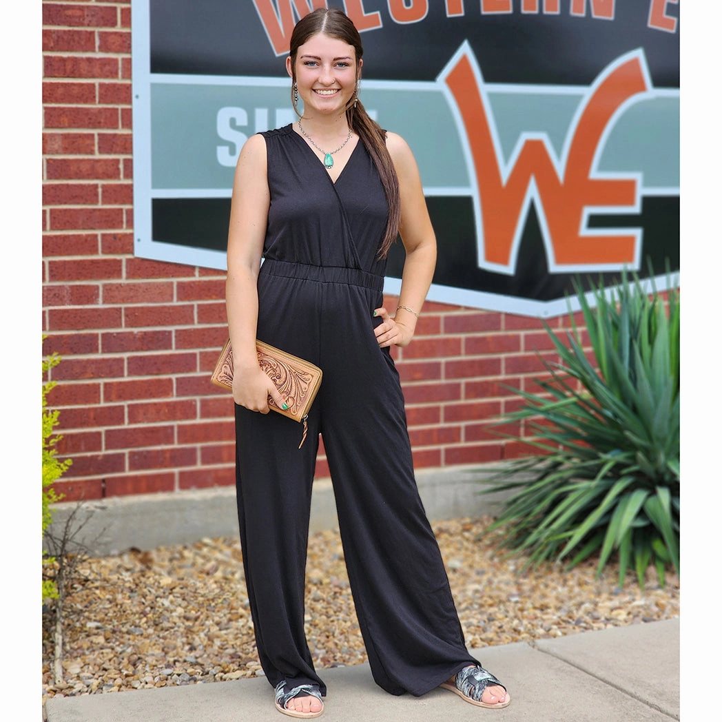 Ribbed Hem Finish Women's Black V Jumpsuit