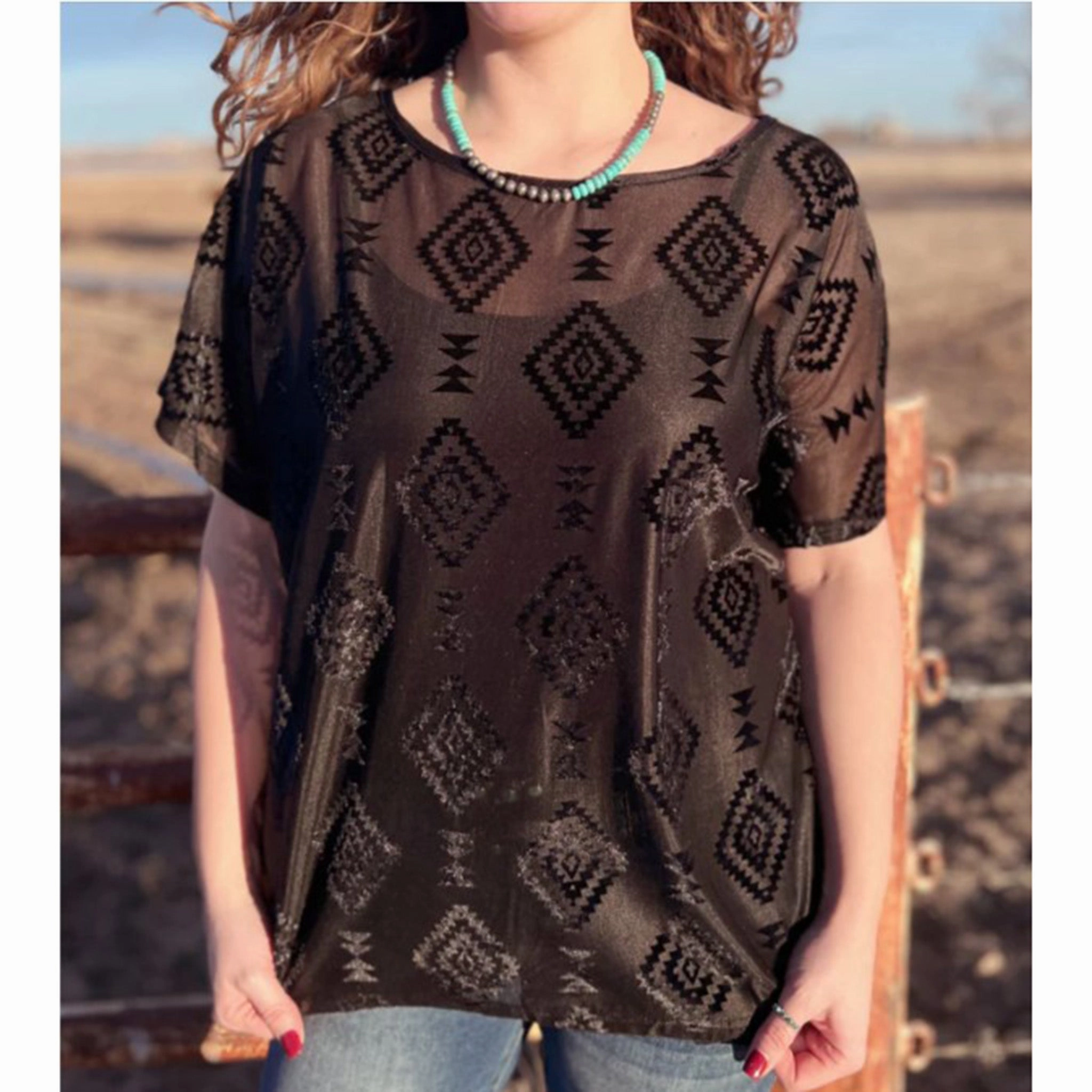 Women's Black Velvet Aztec Mesh Short Sleeve Anti Fade Technology AbrasionResistant Finish