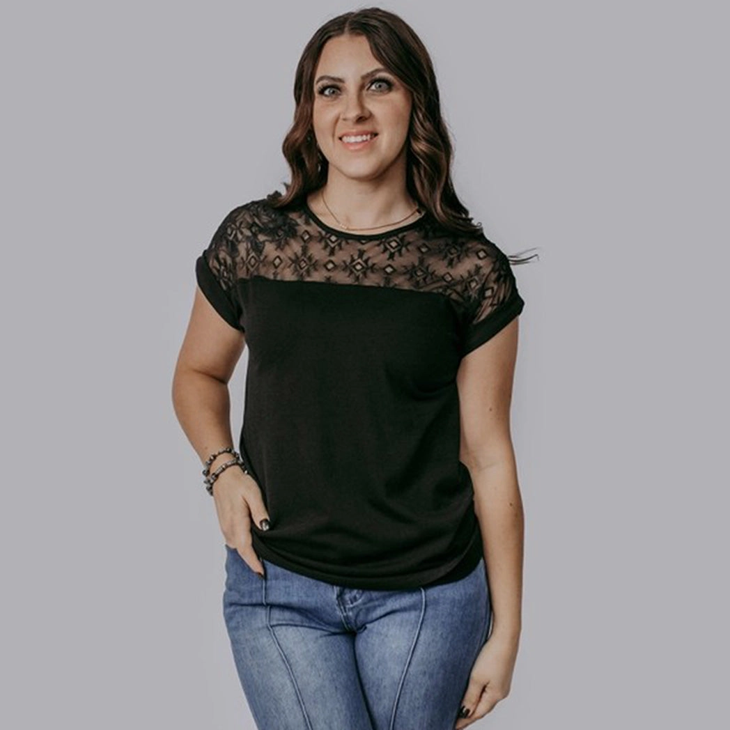 Women's Black With Aztec Lace Short Sleeve Blouse Reinforced Shoulder