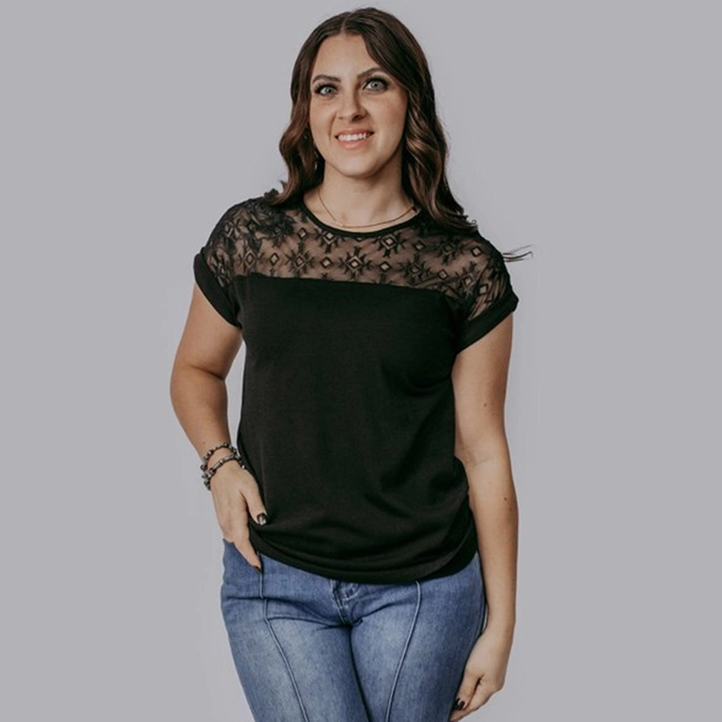 Women's Black With Aztec Lace Short Sleeve Blouse Contrast Stitch Detail Organic Cotton Fiber