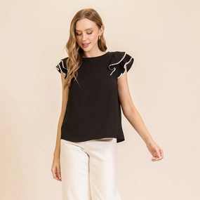 HypoallergenicFibers Women's Black With White Ricrac Ruffle Short Sleeve