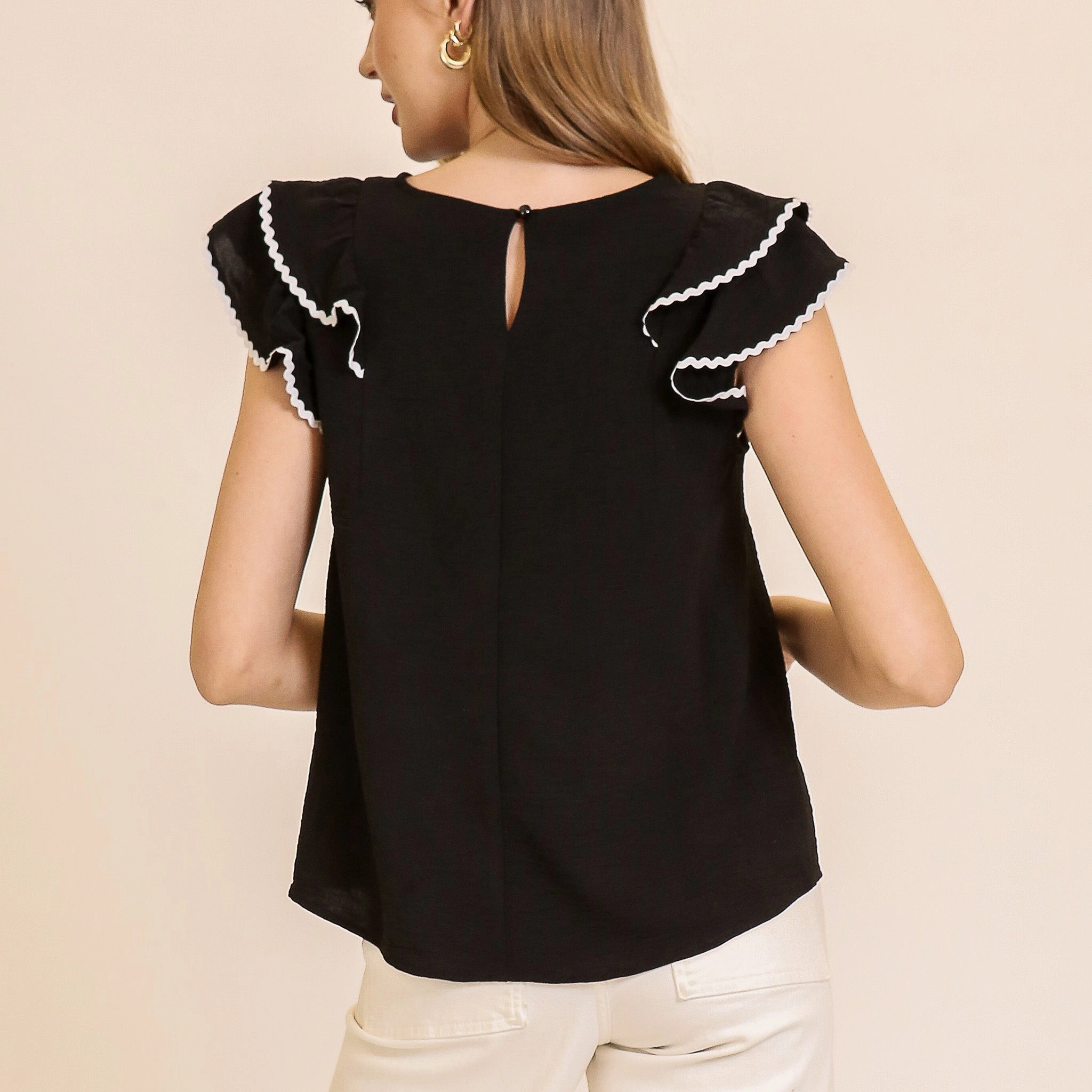 DoubleLayered Neckline Women's Black With White Ricrac Ruffle Short Sleeve