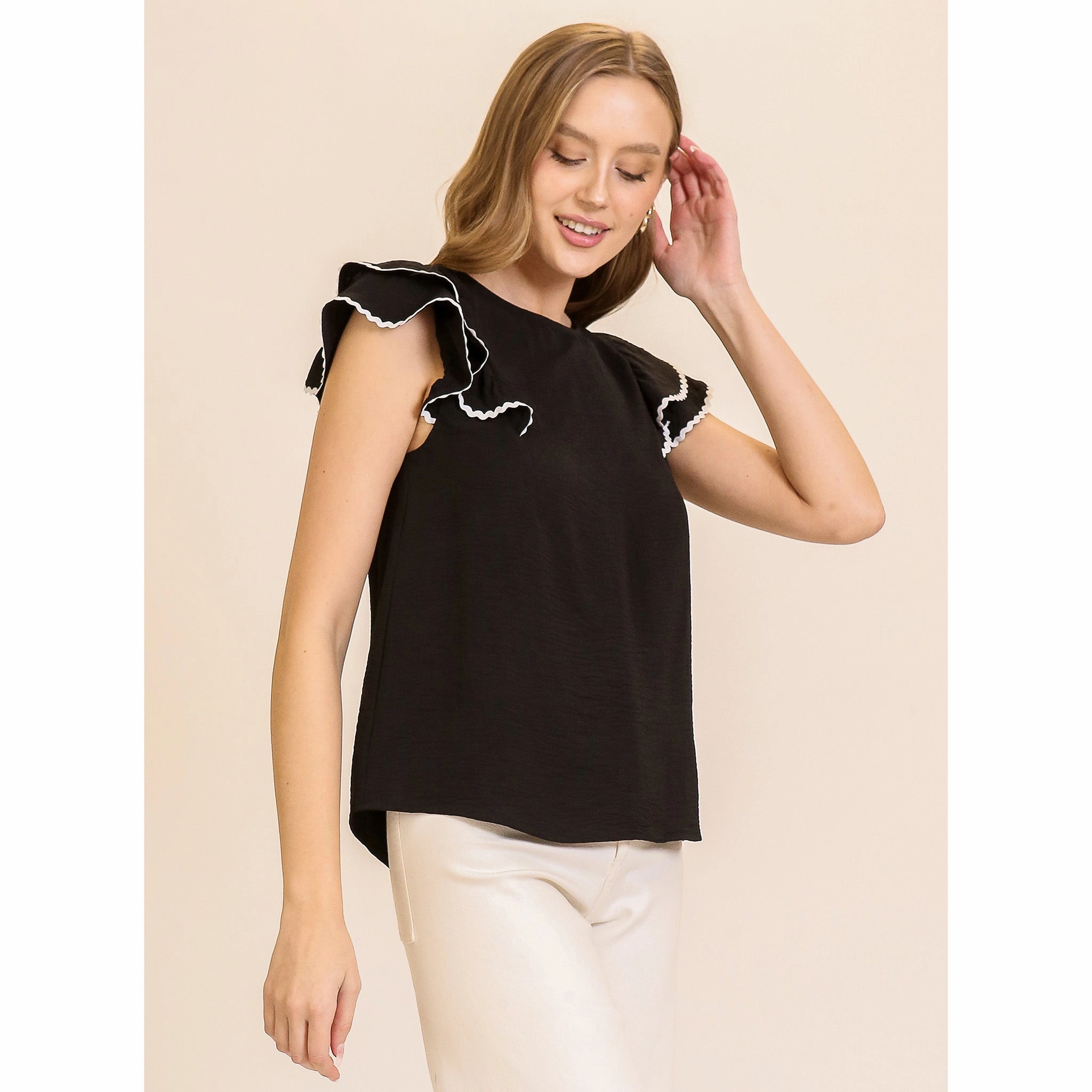 Women's Black With White Ricrac Ruffle Short Sleeve Textured Fabric Finish
