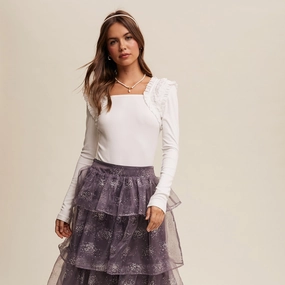 MultipanelLayout Layered Look Women's Cream Square Neck Ruffled Sholder Accents Long Sleeve Top