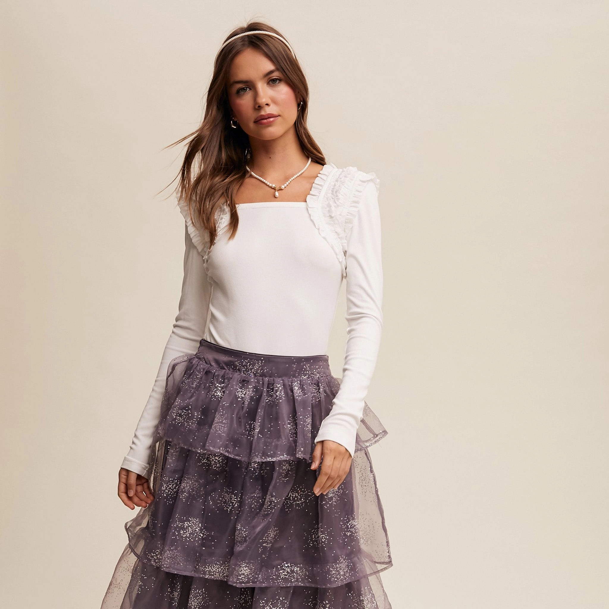 MultipanelLayout Layered Look Women's Cream Square Neck Ruffled Sholder Accents Long Sleeve Top