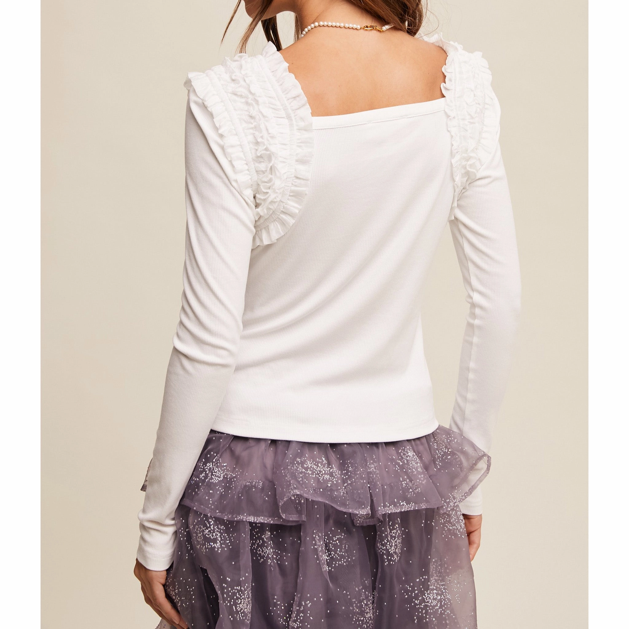 Women's Cream Square Neck Ruffled Sholder Accents Long Sleeve Top Wrinkle Resistant Texture