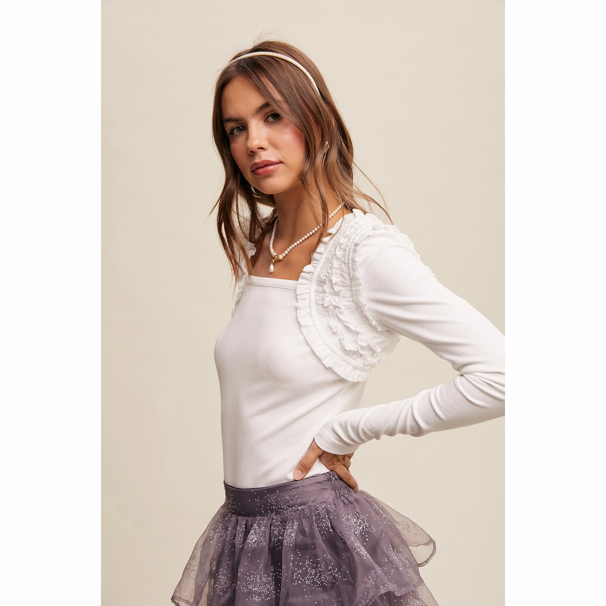 Flexible Knit Blend Women's Cream Square Neck Ruffled Sholder Accents Long Sleeve Top