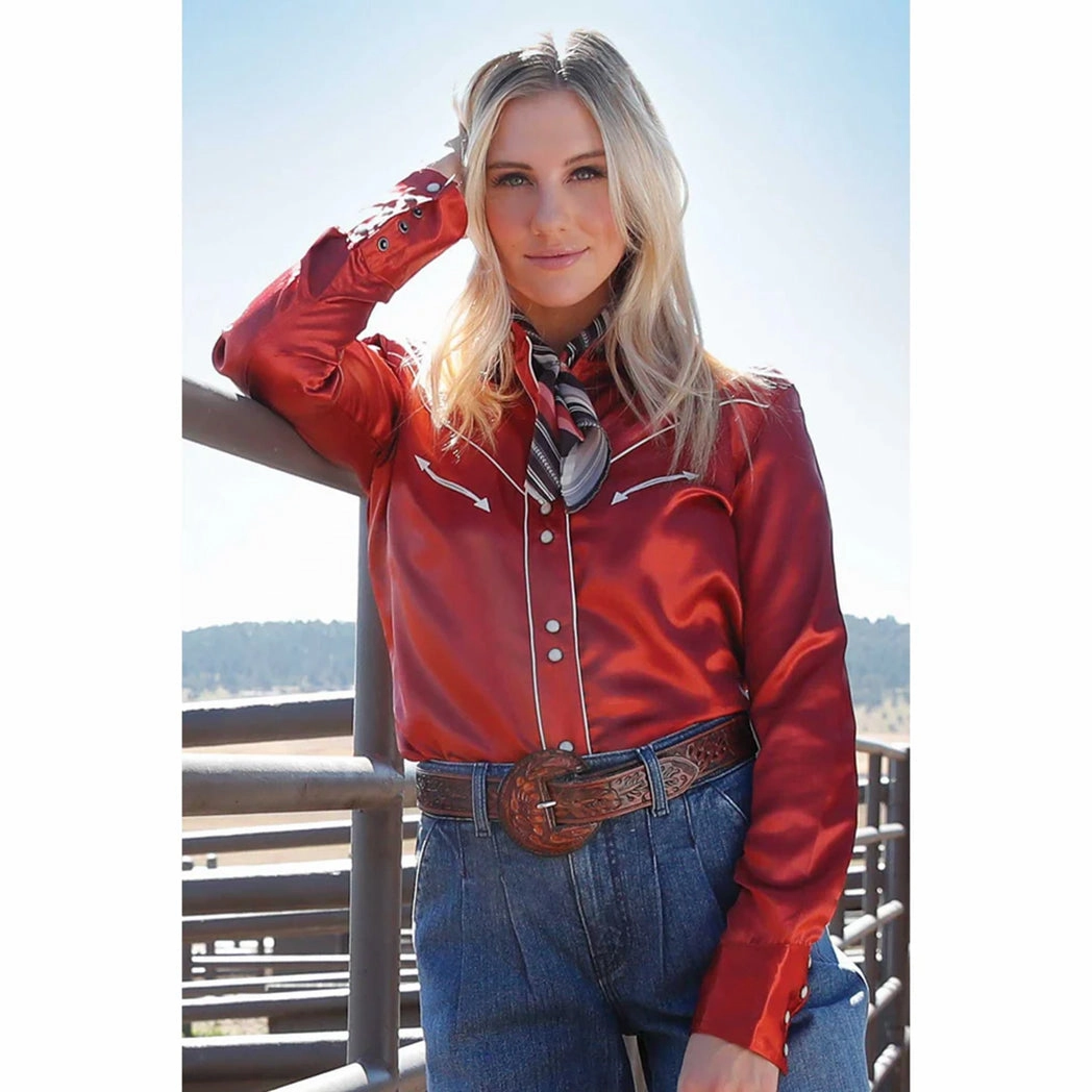 Compression Gradient Women's Cruel Denim Long Sleeve Red Satin Pearl Snap Shirt